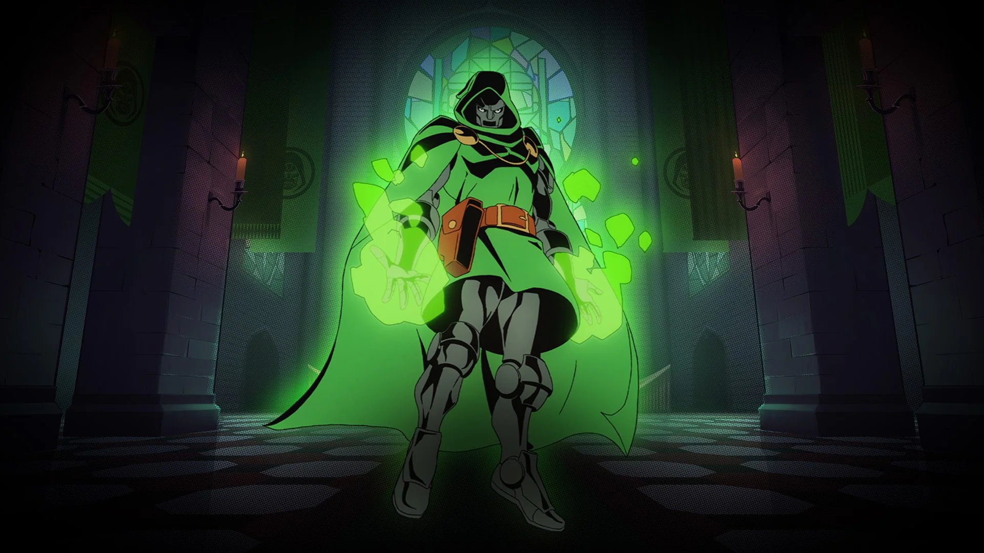 marvel-cosmic-invasion-siege-of-castle-doom Doctor Doom envuelto en energía verde en un salón de su castillo, ilustración de Marvel Cosmic Invasion