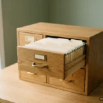 Un pequeño archivador de madera de roble sobre una mesa, junto a una ventana, con un cajón abierto lleno de carpetas de cartulina color crema con pestañas lisas; los portaetiquetas de latón están vacíos y la pared del fondo es verde salvia. Imagen generada con IA.