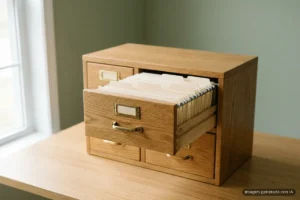 Un pequeño archivador de madera de roble sobre una mesa, junto a una ventana, con un cajón abierto lleno de carpetas de cartulina color crema con pestañas lisas; los portaetiquetas de latón están vacíos y la pared del fondo es verde salvia. Imagen generada con IA.