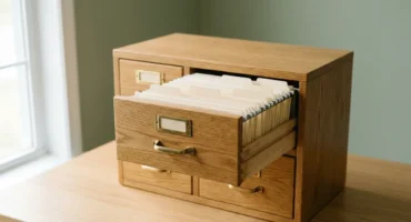 Un pequeño archivador de madera de roble sobre una mesa, junto a una ventana, con un cajón abierto lleno de carpetas de cartulina color crema con pestañas lisas; los portaetiquetas de latón están vacíos y la pared del fondo es verde salvia. Imagen generada con IA.