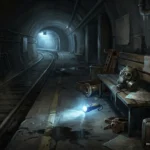 Andén de metro abandonado y en penumbra, con las vías cubiertas de polvo, una linterna encendida en el suelo y una máscara de gas. Imagen generada con IA.