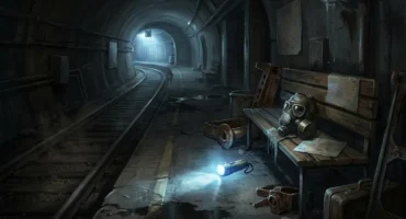 Andén de metro abandonado y en penumbra, con las vías cubiertas de polvo, una linterna encendida en el suelo y una máscara de gas. Imagen generada con IA.