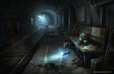 Andén de metro abandonado y en penumbra, con las vías cubiertas de polvo, una linterna encendida en el suelo y una máscara de gas. Imagen generada con IA.