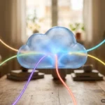 Nube de cristal iluminada en azul sobre una mesa de madera, a la que llegan seis hilos de luz de colores que se funden en ella. Imagen generada con IA.
