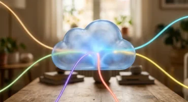 Nube de cristal iluminada en azul sobre una mesa de madera, a la que llegan seis hilos de luz de colores que se funden en ella. Imagen generada con IA.