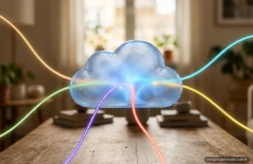 Nube de cristal iluminada en azul sobre una mesa de madera, a la que llegan seis hilos de luz de colores que se funden en ella. Imagen generada con IA.