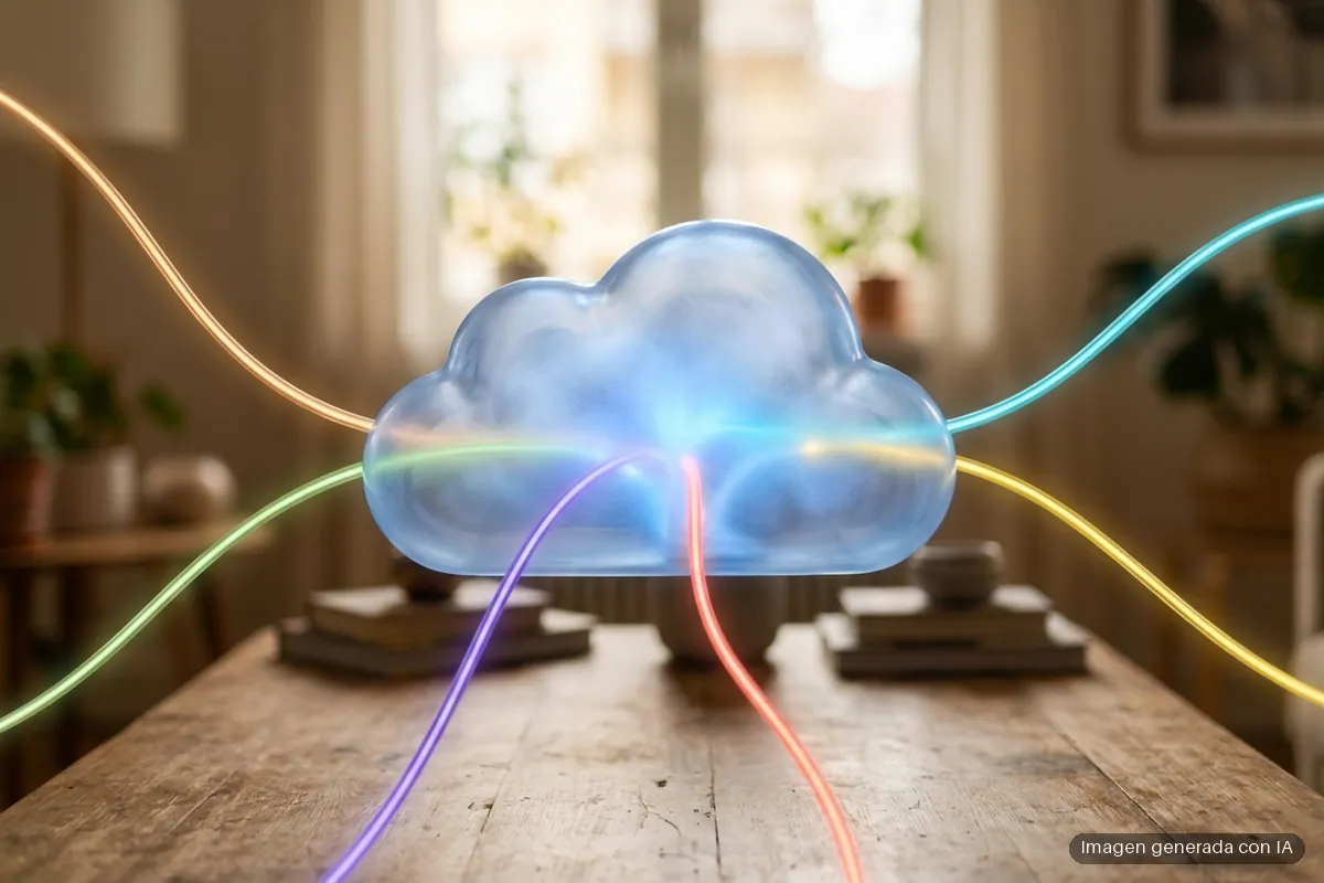 microsoft-365-familia-premium-2-tb-compartidos Nube de cristal iluminada en azul sobre una mesa de madera, a la que llegan seis hilos de luz de colores que se funden en ella. Imagen generada con IA.