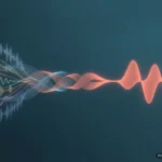 Varias ondas sonoras finas de colores entran por la izquierda y se trenzan en el centro hasta formar una sola onda ancha de color coral. Imagen generada con IA.