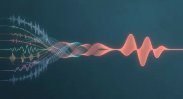 Varias ondas sonoras finas de colores entran por la izquierda y se trenzan en el centro hasta formar una sola onda ancha de color coral. Imagen generada con IA.