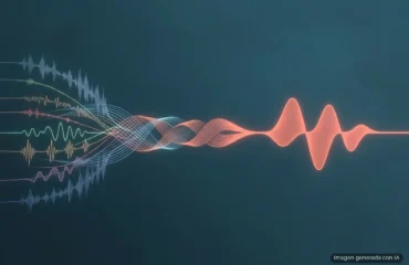 microsoft-ai-transcripcion-directo-voces Varias ondas sonoras finas de colores entran por la izquierda y se trenzan en el centro hasta formar una sola onda ancha de color coral. Imagen generada con IA.