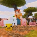 Captura de Minecraft en Switch 2: un personaje da de comer a ovejas, cerdos y vacas en una sabana con acacias