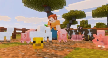 Captura de Minecraft en Switch 2: un personaje da de comer a ovejas, cerdos y vacas en una sabana con acacias
