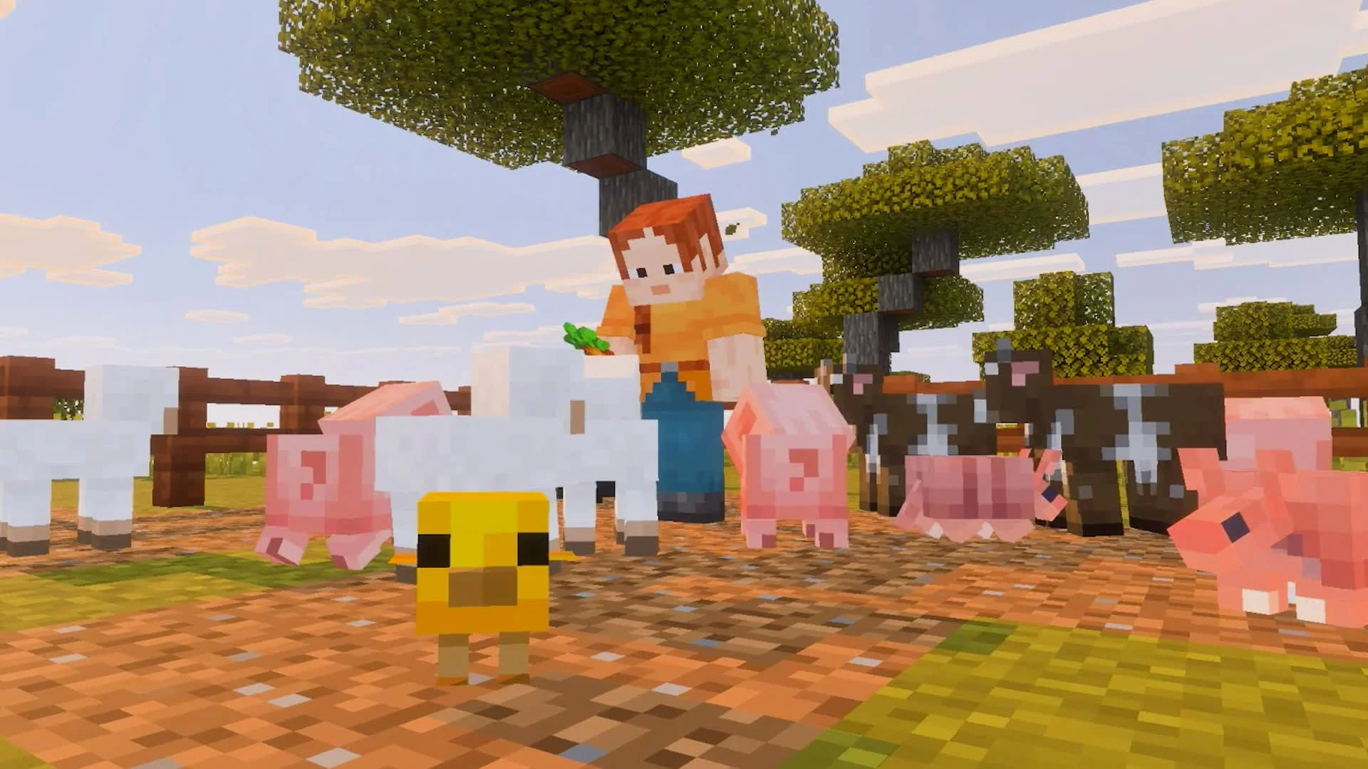 minecraft-switch-2-vibrant-visuals Captura de Minecraft en Switch 2: un personaje da de comer a ovejas, cerdos y vacas en una sabana con acacias
