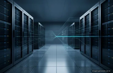 Pasillo de un centro de datos con hileras de armarios de servidores iluminados en azul y finas líneas de luz que convergen al fondo. Imagen generada con IA.