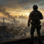 Silueta de un soldado con casco, chaleco y mochila, de espaldas en una azotea, mirando una gran ciudad envuelta en humo y niebla. Imagen generada con IA.