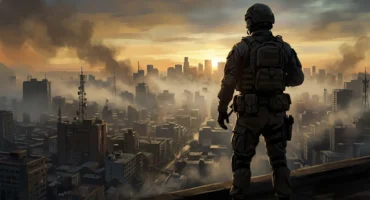 Silueta de un soldado con casco, chaleco y mochila, de espaldas en una azotea, mirando una gran ciudad envuelta en humo y niebla. Imagen generada con IA.