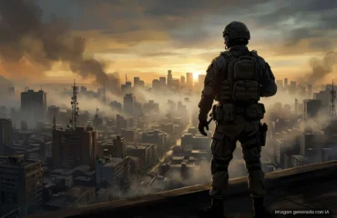 modern-warfare-4-campana Silueta de un soldado con casco, chaleco y mochila, de espaldas en una azotea, mirando una gran ciudad envuelta en humo y niebla. Imagen generada con IA.