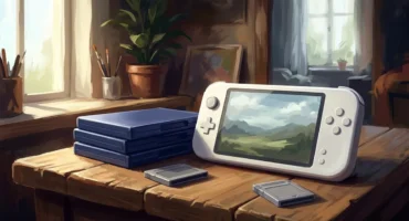 Consola portátil blanca sobre un escritorio de madera, junto a cajas de juego azules sin rotular y dos cartuchos grises. Imagen generada con IA.