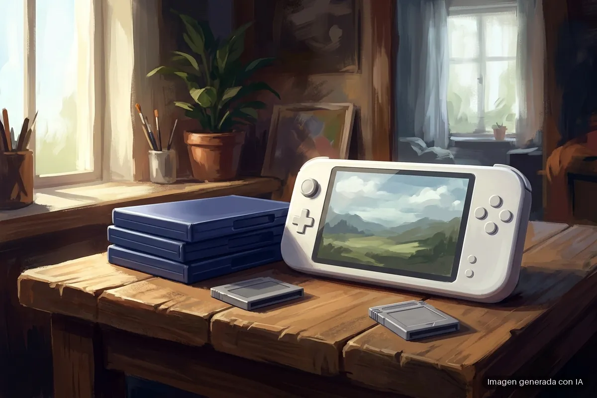 nintendo-switch-2-juegos-fisicos Consola portátil blanca sobre un escritorio de madera, junto a cajas de juego azules sin rotular y dos cartuchos grises. Imagen generada con IA.