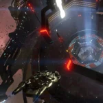 Captura de No Man's Sky FORSAKEN: una nave oscura de aspecto orgánico vuela ante una estación espacial