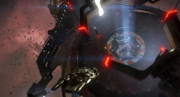 Captura de No Man's Sky FORSAKEN: una nave oscura de aspecto orgánico vuela ante una estación espacial