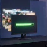 Monitor de PC de sobremesa a oscuras con una barra de carga verde casi llena y, detrás, varios fotogramas desenfocados de un juego. Imagen generada con IA.