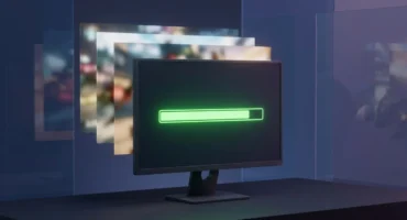 Monitor de PC de sobremesa a oscuras con una barra de carga verde casi llena y, detrás, varios fotogramas desenfocados de un juego. Imagen generada con IA.