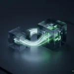 Dos cubos de cristal oscuro unidos por un haz de luz verde y blanca sobre una superficie oscura. Imagen generada con IA.