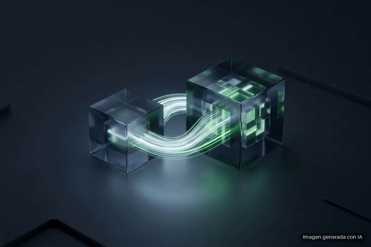 nvidia-dgx-spark-64gb Dos cubos de cristal oscuro unidos por un haz de luz verde y blanca sobre una superficie oscura. Imagen generada con IA.