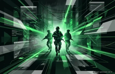 nvidia-game-ready-617-42-modern-warfare-4 Tres siluetas de soldados avanzan por un callejón nocturno con lluvia y humo, entre estelas de luz verde y paneles translúcidos. Imagen generada con IA.