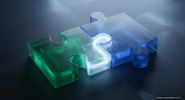 Dos piezas de puzle de cristal esmerilado, una verde y otra azul, encajando sobre una mesa oscura con un haz de luz. Imagen generada con IA.