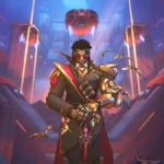Doctrine, el nuevo héroe de apoyo de Overwatch, con gafas rojas y drones dorados con forma de murciélago, en un arte oficial de Blizzard