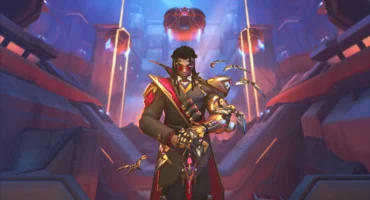 Doctrine, el nuevo héroe de apoyo de Overwatch, con gafas rojas y drones dorados con forma de murciélago, en un arte oficial de Blizzard
