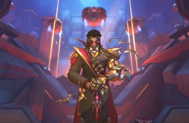 overwatch-temporada-5-doctrine Doctrine, el nuevo héroe de apoyo de Overwatch, con gafas rojas y drones dorados con forma de murciélago, en un arte oficial de Blizzard