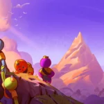Arte oficial de Peak: cuatro exploradores de dibujos animados suben a lo alto de una roca con una montaña puntiaguda al fondo bajo un cielo violeta