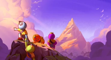 Arte oficial de Peak: cuatro exploradores de dibujos animados suben a lo alto de una roca con una montaña puntiaguda al fondo bajo un cielo violeta