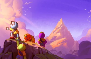 peak Arte oficial de Peak: cuatro exploradores de dibujos animados suben a lo alto de una roca con una montaña puntiaguda al fondo bajo un cielo violeta