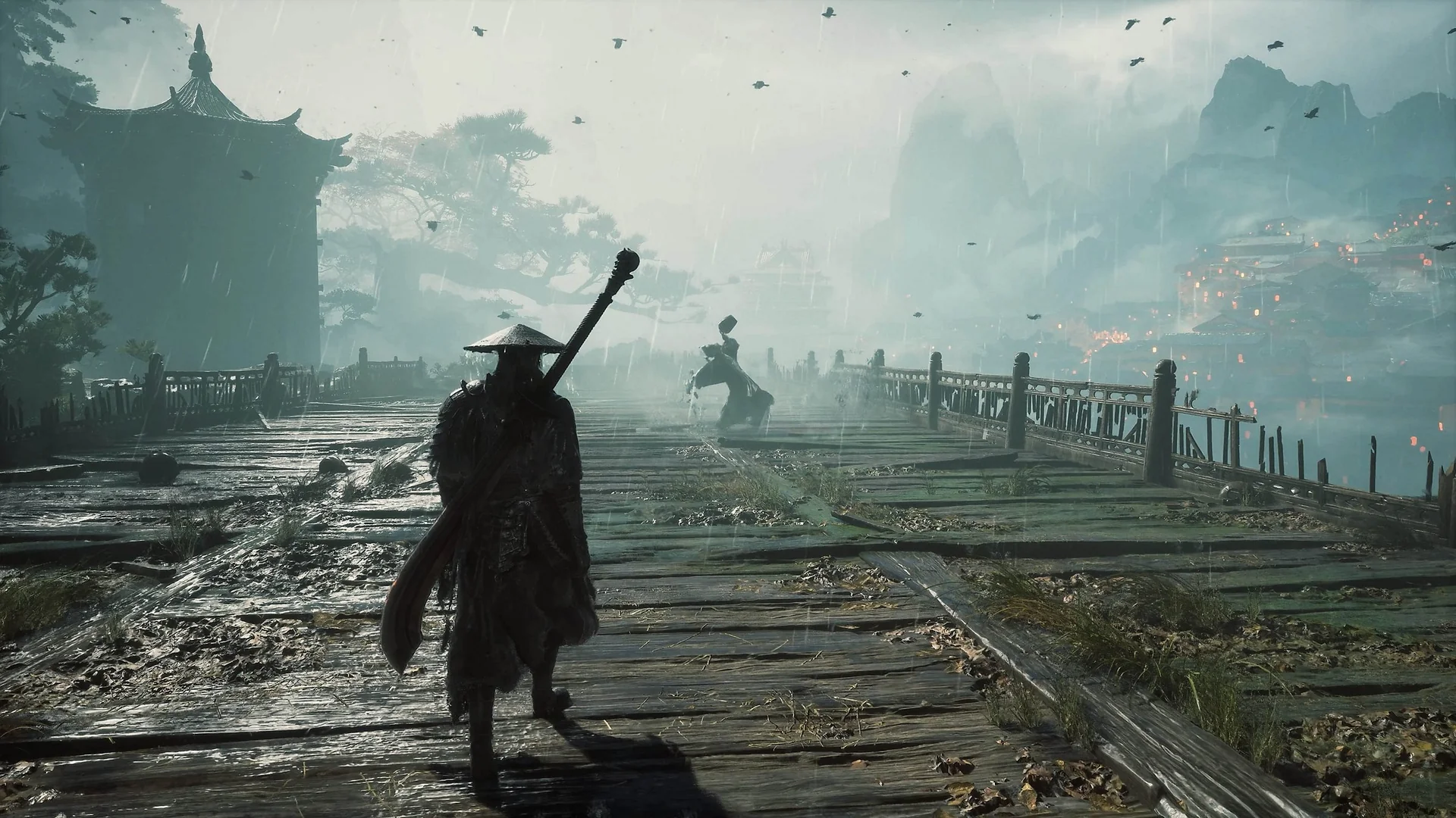 phantom-blade-zero-ps5 Phantom Blade Zero: un espadachín con sombrero de paja y espada a la espalda en un puente bajo la lluvia