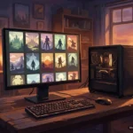 Ordenador de sobremesa en un escritorio de madera, con una biblioteca de juegos genérica en el monitor y una ventana al atardecer. Imagen generada con IA.