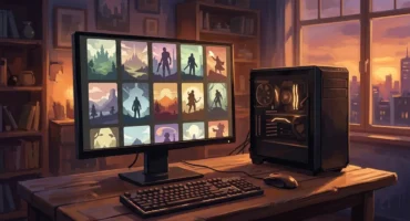 Ordenador de sobremesa en un escritorio de madera, con una biblioteca de juegos genérica en el monitor y una ventana al atardecer. Imagen generada con IA.