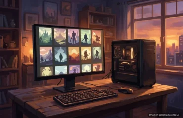 pico-usuarios-steam Ordenador de sobremesa en un escritorio de madera, con una biblioteca de juegos genérica en el monitor y una ventana al atardecer. Imagen generada con IA.