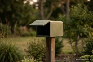 Un buzón metálico verde oliva, liso y sin marcas, sobre un poste de madera en un jardín al atardecer, con la tapa entreabierta y un diminuto punto de luz azul en su interior oscuro; setos, hierba y árboles desenfocados al fondo. Imagen generada con IA.