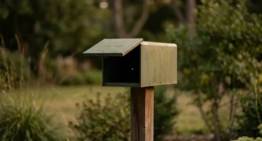 Un buzón metálico verde oliva, liso y sin marcas, sobre un poste de madera en un jardín al atardecer, con la tapa entreabierta y un diminuto punto de luz azul en su interior oscuro; setos, hierba y árboles desenfocados al fondo. Imagen generada con IA.