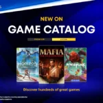 Cartel oficial de PlayStation Plus con las portadas de Horizon Forbidden West, Mafia: The Old Country y Mycopunk sobre un fondo azul