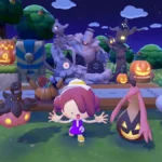 Captura de Pokémon Pokopia: un personaje con los brazos abiertos junto a dos Pokémon con forma de calabaza y calabazas iluminadas, en un prado de noche