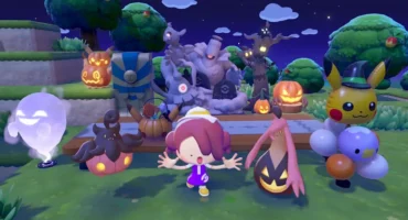 Captura de Pokémon Pokopia: un personaje con los brazos abiertos junto a dos Pokémon con forma de calabaza y calabazas iluminadas, en un prado de noche