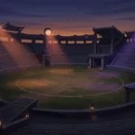 Estadio de fantasía vacío al anochecer, con gradas de madera, arena de césped y focos naranjas y morados. Imagen generada con IA.