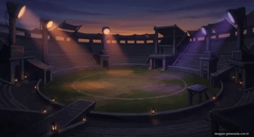 Estadio de fantasía vacío al anochecer, con gradas de madera, arena de césped y focos naranjas y morados. Imagen generada con IA.