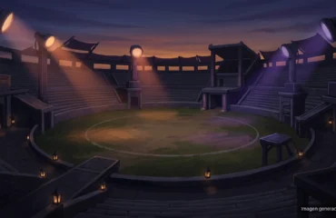 pokemon-unite-cierre Estadio de fantasía vacío al anochecer, con gradas de madera, arena de césped y focos naranjas y morados. Imagen generada con IA.