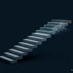 Una escalera de peldaños de piedra gris sube sobre un fondo azul muy oscuro y sus últimos escalones, de cristal translúcido, se deshacen en polvo en el vacío. Imagen generada con IA.